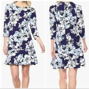 Eliza J Blue White Floral Drop Waist 3/4 Sleeve Dress Sz 4 Spring Wedding